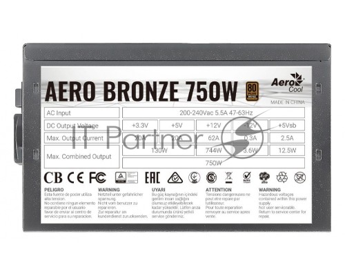 Блок питания Aerocool ATX 750W AERO BRONZE 80+ bronze (24+4+4pin) APFC 120mm fan 6xSATA RTL