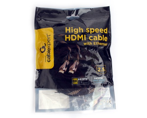 Кабель HDMI Cablexpert CCP-HDMI8К-2.5M, 19M/19M, v2.1, 8К, медь, позол.разъемы, экран, оплетка, 2.5м, черный, пакет Кабель HDMI Cablexpert CCP-HDMI8К-2.5M, 19M/19M, v2.1, 8К, медь, позол.разъемы, экран, оплетка, 2.5м, черный, пакет