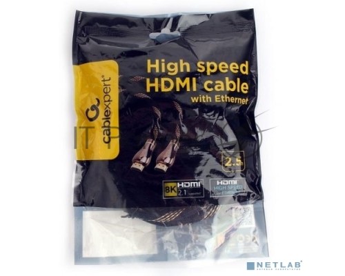 Кабель HDMI Cablexpert CCP-HDMI8К-2.5M, 19M/19M, v2.1, 8К, медь, позол.разъемы, экран, оплетка, 2.5м, черный, пакет Кабель HDMI Cablexpert CCP-HDMI8К-2.5M, 19M/19M, v2.1, 8К, медь, позол.разъемы, экран, оплетка, 2.5м, черный, пакет