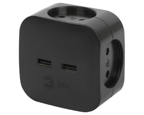 [ЭРА Удлинители бытовые, Сетевые фильтры] ЭРА Б0049536 Разветвитель электрический SP-4-USB-B на 4 розетки 220V + 2xUSB 2400mA, без заземл 10А (черный)