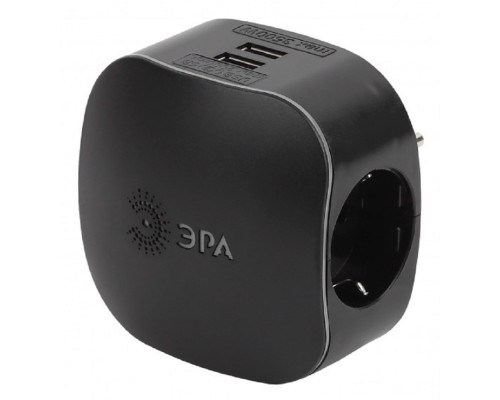 [ЭРА Удлинители бытовые, Сетевые фильтры] ЭРА Б0046364 Разветвитель электрический SP-3e-USB-BLACK на 3 розетки + 2 USB с заземлением со шторками 16А черный