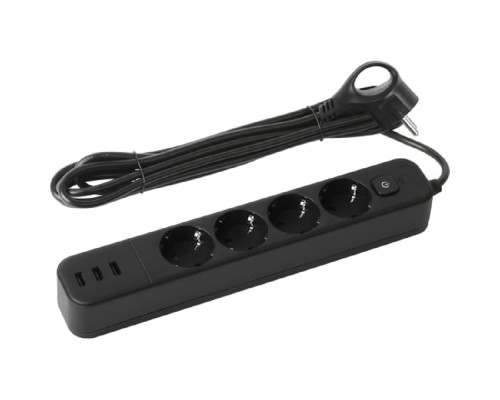 [ЭРА Удлинители бытовые, Сетевые фильтры] Эра Б0059568 Сетевой фильтр USF-4es-1,5m-3xUSBA-B с базовой защитой с заземлением с выключателем 4 розетки+ 3xUSBA 3,1A 1,5м 10А черный