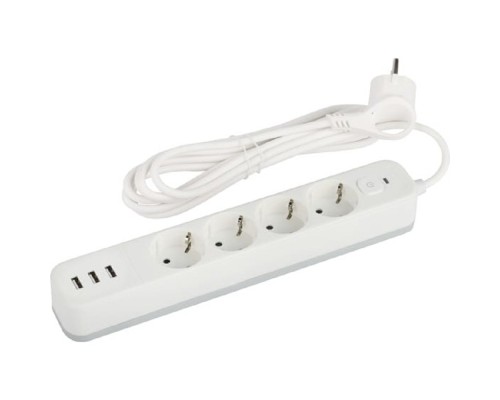 [ЭРА Удлинители бытовые, Сетевые фильтры] Эра Б0059569 Сетевой фильтр USF-4es-3m-3xUSBA-W с базовой защитой с заземлением с выключателем 4 розетки+ 3xUSBA 3,1A 3м 10А белый 