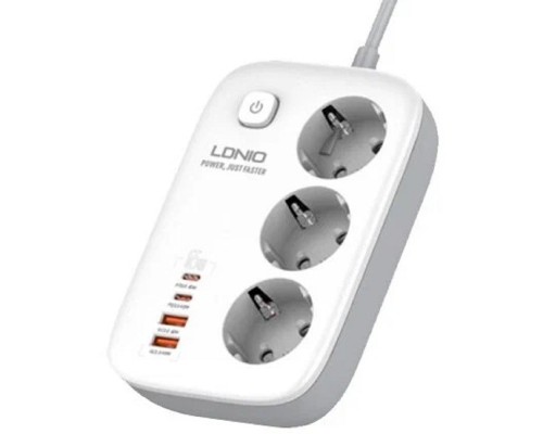 [Сетевые фильтры] LDNIO SE3436/ Сетевой удлинитель 2м/ 3 розетки/ 3250W/ 4 USB: QC 4.0+PD 3.0+PPS/ GAN 65W/ White