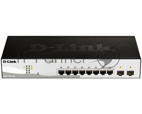 Коммутатор D-Link DGS-1210-10/FL1A, L2 Managed Switch with  8 10/100/1000Base-T ports and 2 1000Base-X SFP ports.8K Mac address, 802.3x Flow Control, 256 of 802.1Q VLAN, VID range 1-4094, 802.1p Priority Queues