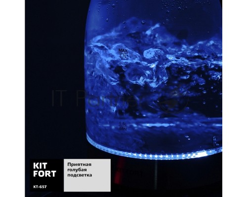 Чайник электрический Kitfort КТ-657, 1.7л, 2200Вт, (корпус: стекло), нержавеющая сталь/черный
