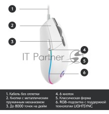 Мышь проводная Logitech G102 LIGHTSYNC белый, 8000 dpi, USB, кнопки - 6