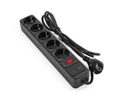 [Сетевой фильтр] Exegate EX295490RUS Сетевой фильтр-удлинитель с USB зарядкой ExeGate SP-5-USB-1.8B (5 евророзеток с заземлением, 2 USB-A 2A, 1.8м, защита от перегрузки, выключатель с подсветкой, черный)