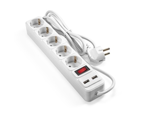 [Сетевой фильтр] Exegate EX295491RUS Сетевой фильтр-удлинитель с USB зарядкой ExeGate SP-5-USB-1.8W (5 евророзеток с заземлением, 2 USB-A 2A, 1.8м, защита от перегрузки, выключатель с подсветкой, белый)