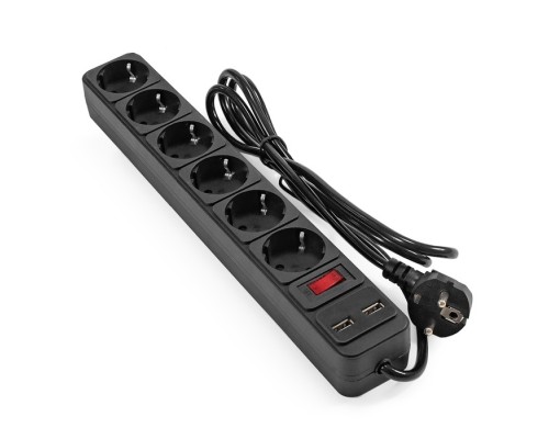 [Сетевой фильтр] Exegate EX295492RUS Сетевой фильтр-удлинитель с USB зарядкой ExeGate SP-6-USB-1.8B (6 евророзеток с заземлением, 2 USB-A 2A, 1.8м, защита от перегрузки, выключатель с подсветкой, черный)