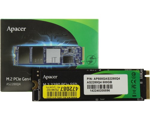Накопитель SSD Apacer 500GB M.2 2280 AS2280Q4 Client AP500GAS2280Q4-1 PCIe Gen4x4 with NVMe, 5000/2500, IOPS 750K, MTBF 1.5M, 3D TLC, 850TBW, 1.7DWPD, Kit Heatsink and mount, NVMe 1.3, RTL