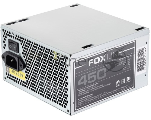 Блок питания 450Вт Power Supply Foxline, 450W, ATX, APFC, 120FAN, CPU 4+4  pin, MB 24pin, 5xSATA, 2xPATA, 1xFDD, 1xPCI-E 6pin, 80+