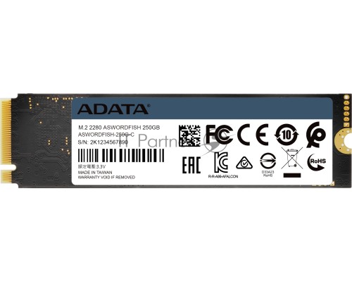 Накопитель M.2 2280 250GB ADATA SWORDFISH Client SSD ASWORDFISH-250G-C PCIe Gen3x4 with NVMe, 1800/900, IOPS 100/130K, MTBF 1.8M, 3D TLC, 120TBW, 0.263DWPD, RTL