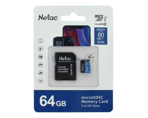 Флеш карта microSDHC 64GB Netac P500 <NT02P500STN-064G-R>  (с SD адаптером) 80MB/s