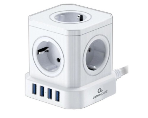 [Кабель эксперт] Cablexpert Сетевой фильтр Tower TWR-5-U4-W-2 (5р, 10А, 4 х USB, 3.1А, 2м, ур.защиты 4+) белый, коробка