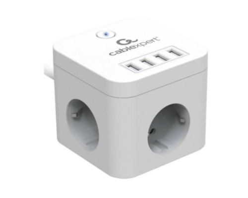 [Кабель эксперт] Cablexpert Сетевой фильтр Cube CUBE-3-U4-W-1.5 (3р, 10А, 4 х USB, 1.5м, ур.защиты 4+) белый, коробка