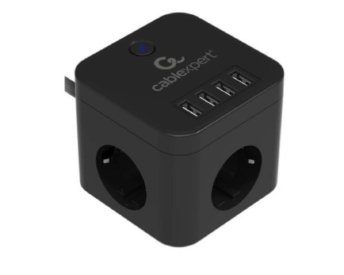 [Кабель эксперт] Cablexpert Сетевой фильтр Cube CUBE-3-U4-B-1.5 (3р, 10А, 4 х USB, 1.5м, ур.защиты 4+) черный, коробка