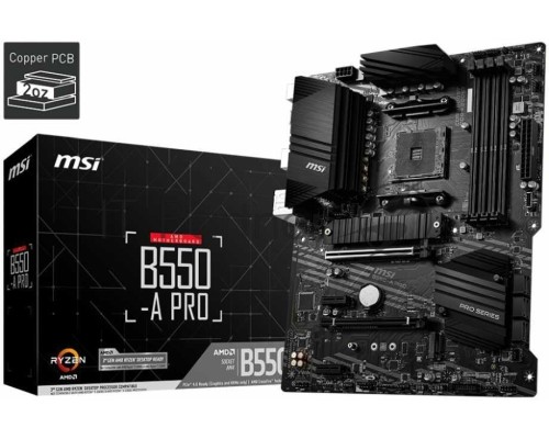 Материнская плата MSI B550-A PRO, AM4, AMD B550, 4xDDR4, 6xSATA, 2xM.2, 1xPCI-E 4.0 x16, 1xPCI-E 3.0 x16, 2xPCI-E x1, 1xHDMI, 1xDP, 1x 1Gb LAN, 4xUSB-A 2.0, 2xUSB-A 3.2 Gen 1, 1xUSB-A 3.2 Gen 2, 1xUSB-C 3.2 Gen 2, 6x3.5 мм, 7.1, ATX