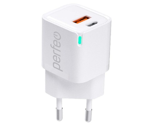 [Аксессуар] PERFEO Сетевое зарядное устройство с двумя разъемами USB-A+TYPE-C, GaN, 20W, белый (I4652)