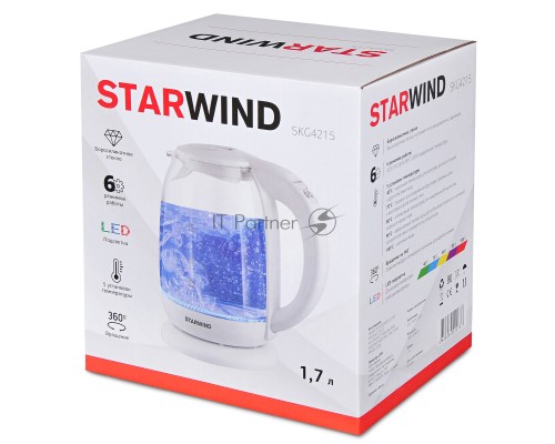 Чайник электрический Starwind SKG4215 1.7л. 2200Вт белый (корпус: стекло)
