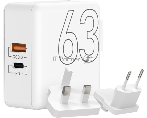 Сетевое зарядное устройство Lyambda 63Вт c 2-мя выходами (PD+QC3.0) LT63-WT