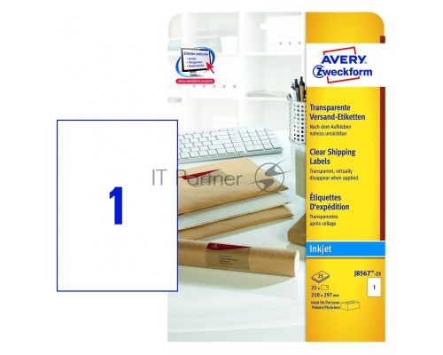 Этикетки Avery Zweckform J8567-25 A4 297x210мм 1шт на листе/70г/м2/25л./прозрачный самоклей. для струйной печати Этикетки Avery Zweckform J8567-25 A4 297x210мм 1шт на листе/70г/м2/25л./прозрачный самоклей. для струйной печати