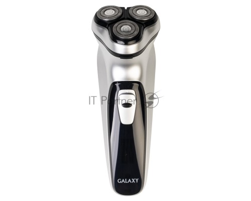Бритва Galaxy Line GL 4209, серебряный с черным, роторная, аккумуляторная, 5 Вт, Li-Ion аккумулятор емкостью 600 мА*ч, время непрерывной работы до 1,5 ч, ножи из нержавеющей стали, 3 независимые плавающие головки, возможность промывки бреющего блока, инд