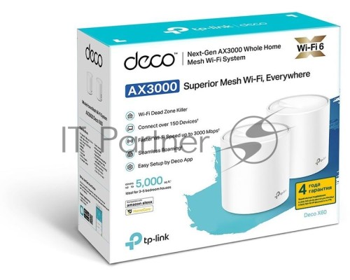 Система TP-Link Mesh AX3000 Whole Home  Wi-Fi System, Wi-Fi 6, 2402Mbps (4 streams) at 5GHz and 574Mbps (2 streams) at 2.4GHz, 2 Gigabit ports of each unit, support OFDMA, MU-MIMO, 802.11k/v/r seamless roaming, support WPA3, HomecareTM system, easy setup