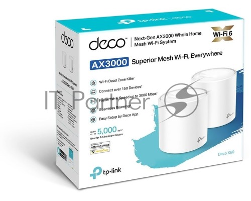 Система TP-Link Mesh AX3000 Whole Home  Wi-Fi System, Wi-Fi 6, 2402Mbps (4 streams) at 5GHz and 574Mbps (2 streams) at 2.4GHz, 2 Gigabit ports of each unit, support OFDMA, MU-MIMO, 802.11k/v/r seamless roaming, support WPA3, HomecareTM system, easy setup