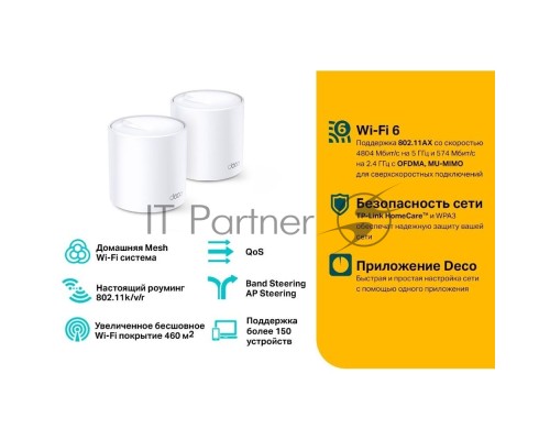 Система TP-Link Mesh AX3000 Whole Home  Wi-Fi System, Wi-Fi 6, 2402Mbps (4 streams) at 5GHz and 574Mbps (2 streams) at 2.4GHz, 2 Gigabit ports of each unit, support OFDMA, MU-MIMO, 802.11k/v/r seamless roaming, support WPA3, HomecareTM system, easy setup