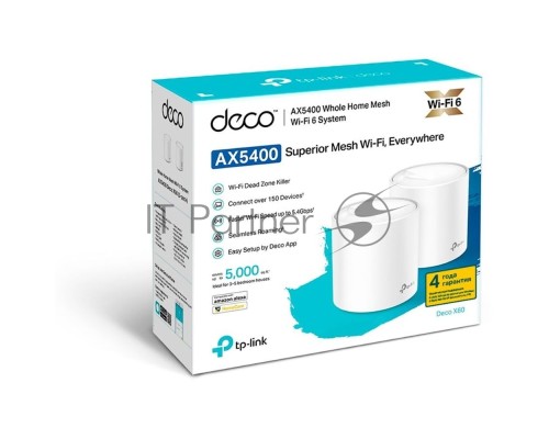 Система TP-Link Mesh AX3000 Whole Home  Wi-Fi System, Wi-Fi 6, 2402Mbps (4 streams) at 5GHz and 574Mbps (2 streams) at 2.4GHz, 2 Gigabit ports of each unit, support OFDMA, MU-MIMO, 802.11k/v/r seamless roaming, support WPA3, HomecareTM system, easy setup