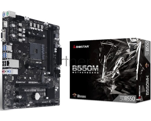 Материнская плата Biostar B550MH, Socket AM4, AMD B550, 2xDDR4-2933, D-SUB+HDMI, 1xPCI-Ex16, 2xPCI-Ex1, 4xSATA3(RAID 0/1/10), 1xM.2, 8 Ch Audio, GLan, (2+4)xUSB2.0, (4+4)xUSB3.2, 2xPS/2, mATX, RTL, {20}