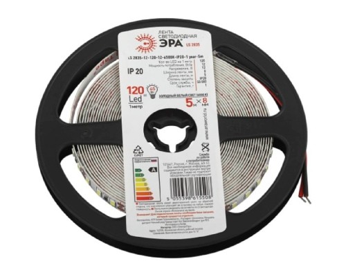 [Светодиодная лента] ЭРА Б0053970 Светодиодная лента LS2835 12-120-12-6500K-IP20-1 year 5м холодный белый свет 5 м
