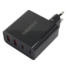 ORIENT PU-A100WL, Сетевое зарядное устройство с функцией быстрой зарядки, мощность 100Вт, Quick Charge 3.0+Power Delivery, выходы: 2xUSB-A + 2xType-C/PD, DC 5/9/12/15/20В, цвет черный (33168)