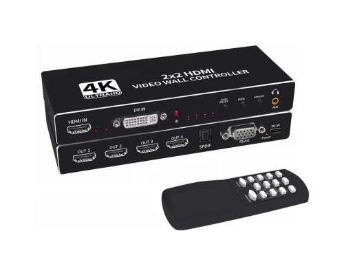 [переходник] ORIENT HSP2X2WN, контроллер видеостены 2x2, 8 режимов отображения, UHD 4K/30Гц (3840x2160), 1080p/60Гц, HDMI 1.4, HDCP1.2, HDMI 1 вход/4 выхода, DVI вход, RS232(DB9F) (33206)