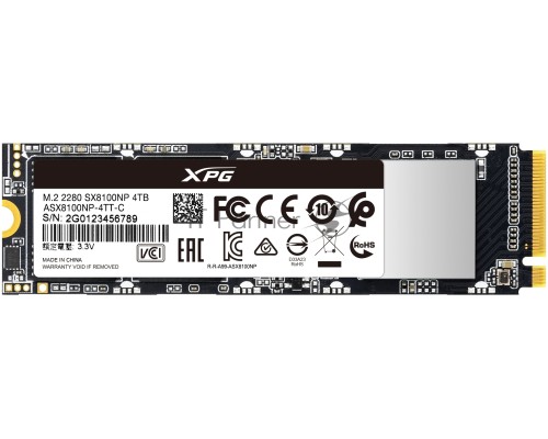Накопитель M.2 2280 4000GB ADATA XPG SX8100 Client SSD [ASX8100NP-4TT-C] PCIe Gen3x4 with NVMe, 3500/1900, IOPS 290/240K, MTBF 2M, 3D TLC, 2560TBW, 0,35DWPD, NVMe 1.3, RTL