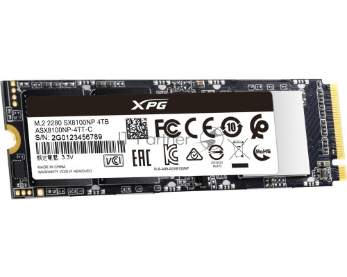 Накопитель M.2 2280 4000GB ADATA XPG SX8100 Client SSD [ASX8100NP-4TT-C] PCIe Gen3x4 with NVMe, 3500/1900, IOPS 290/240K, MTBF 2M, 3D TLC, 2560TBW, 0,35DWPD, NVMe 1.3, RTL