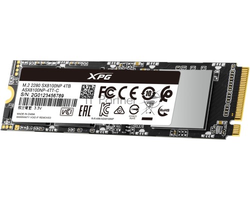 Накопитель M.2 2280 4000GB ADATA XPG SX8100 Client SSD [ASX8100NP-4TT-C] PCIe Gen3x4 with NVMe, 3500/1900, IOPS 290/240K, MTBF 2M, 3D TLC, 2560TBW, 0,35DWPD, NVMe 1.3, RTL
