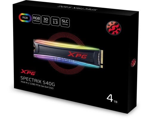 Накопитель M.2 2280 4TB ADATA XPG SPECTRIX S40G RGB Client SSD [AS40G-4TT-C] PCIe Gen3x4 with NVMe, 3500/1900, IOPS 290/240K, MTBF 2M, 3D TLC, 2560TBW, 0.35DWPD, Customizable RGB lighting, Heatsink, RTL