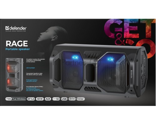 Портативная акустика Defender Rage 50Вт, Light/BT/FM/USB/LED/TWS   65109
