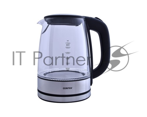Чайник Centek CT-0030 черный стекло 1.7л, 2200Вт, внутр. LED подсветка,защита от вкл б/воды