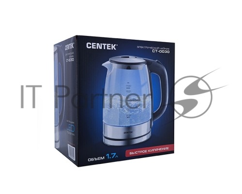 Чайник Centek CT-0030 черный стекло 1.7л, 2200Вт, внутр. LED подсветка,защита от вкл б/воды