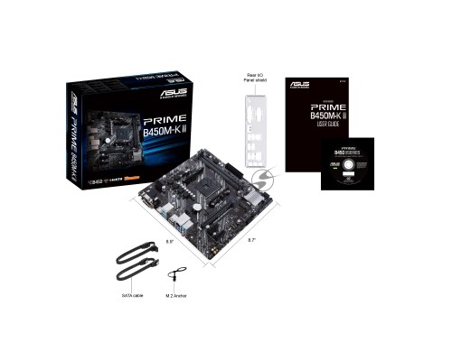 Материнская плата ASUS PRIME B450M-K II, Socket AM4, AMD B450, 2xDDR4, 4xSATA, 1xM.2, 1xPCI-E 3.0 x16, 2xPCI-E x1, 1xDVI-D, 1xHDMI, 1xVGA, 1x 1Gb LAN, 4xUSB-A 3.2 Gen 1, 2xUSB-A 2.0, 3x3.5 мм, 7.1, Micro-ATX