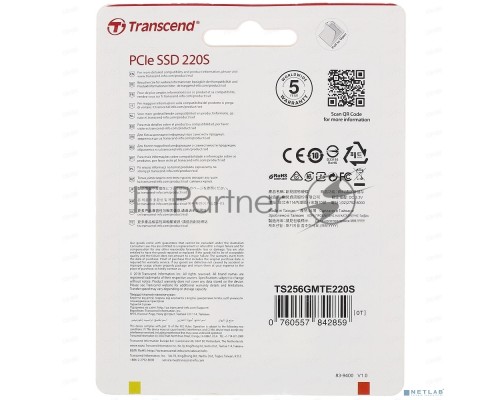 Накопитель SSD Transcend MTE220S SSD 256GB, 3D TLC, M.2 (2280), PCIe Gen 3.0 x4, NVMe, R3300/W1100, TBW 550