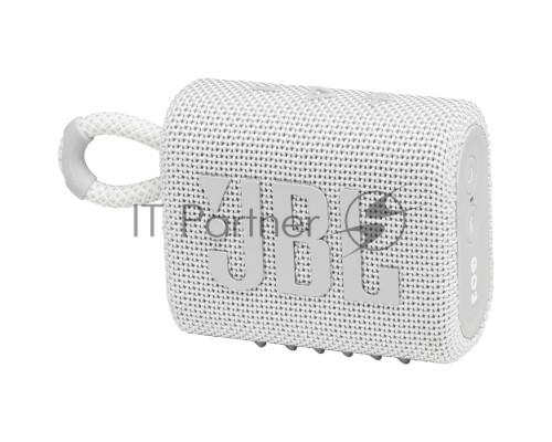 Портативная акустика, JBL GO 3 белый Bluetooth 5.1, мощность 4.2 Вт RMS, время зарядки аккумулятора 2,5 ч, время воспроизведения контента до 5ч, вес 209 г, цвет белый