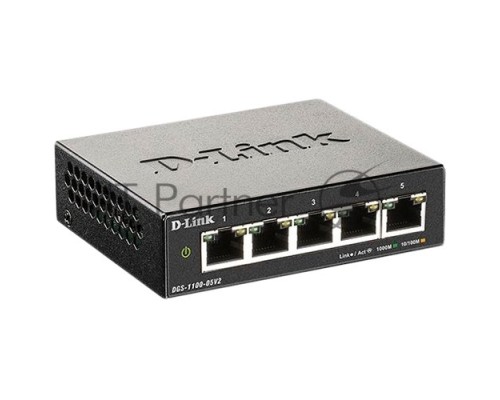 Коммутатор D-Link DGS-1100-05V2/A1A, L2 Smart Switch with 5 10/100/1000Base-T ports.8K Mac address, 802.3x Flow Control, Port Trunking, Port Mirroring, IGMP Snooping, 32 of 802.1Q VLAN, VID range 1-4094, Loopba