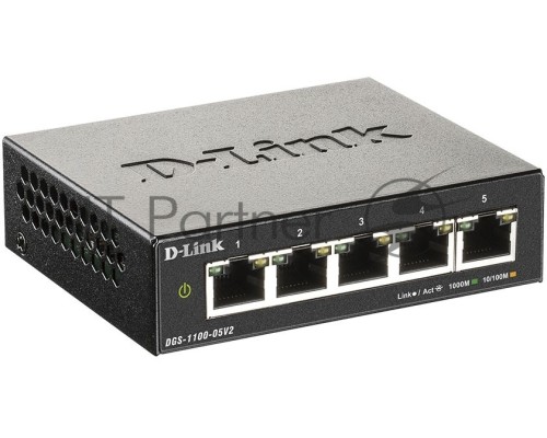 Коммутатор D-Link DGS-1100-05V2/A1A, L2 Smart Switch with 5 10/100/1000Base-T ports.8K Mac address, 802.3x Flow Control, Port Trunking, Port Mirroring, IGMP Snooping, 32 of 802.1Q VLAN, VID range 1-4094, Loopba