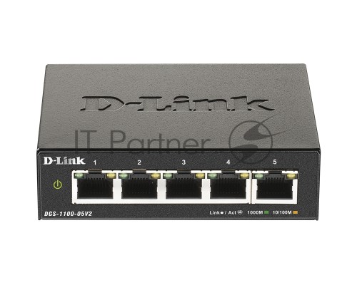 Коммутатор D-Link DGS-1100-05V2/A1A, L2 Smart Switch with 5 10/100/1000Base-T ports.8K Mac address, 802.3x Flow Control, Port Trunking, Port Mirroring, IGMP Snooping, 32 of 802.1Q VLAN, VID range 1-4094, Loopba