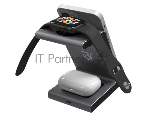 Зарядное устройство Prestigio ReVolt A8, 3-in-1 wireless charging station for iPhone, Apple Watch, AirPods, wilreless output for phone 7.5W/10W, wireless output for AirPods 5W, wireless output for Apple Watch 2.5W, material: aluminum+tempered glass, spac