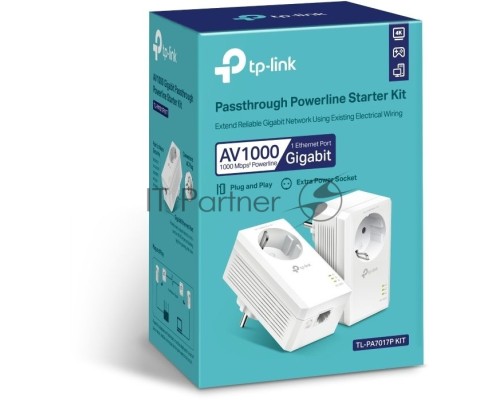 Сетевой адаптер TP-Link AV1000 Gigabit Passthrough Powerline Starter KitSPEED: 1000 Mbps PowerlineSPEC: Broadcom CPU, HomePlug AV2, 1+1 Gigabit PortFEATURE: Plug and Play, tpPLC Utility, Pair for More Security, Extra Power SocketKIT: 2× TL-PA7017P